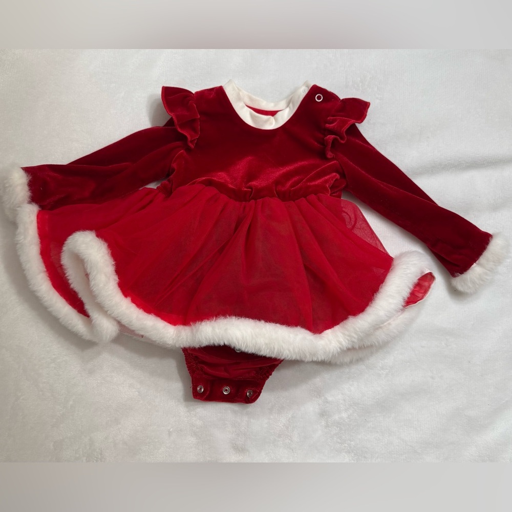 Red Velvet Baby Dress with White Trim